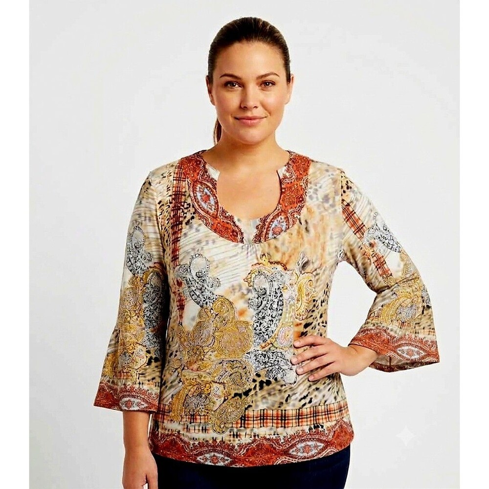 RAAKHEE Womens Top 1X Paisley SEQUINS Bell Slv knit pullover Scoop neck boho